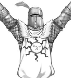  1boy \o/ armor arms_up chainmail dark_souls_(series) dark_souls_i full_armor greyscale helmet highres kelvin_hiu knight lenny_face male_focus meme monochrome outstretched_arms plume pose praise_the_sun solaire_of_astora solo tabard visor_(armor) 