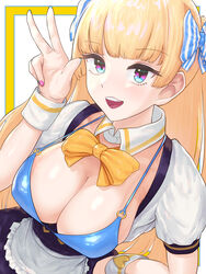  absurdres apron blonde_hair blue_eyes blue_nails blunt_bangs border bow bra breasts cleavage commentary detached_collar female hair_ornament hand_on_own_hip hand_up heart heart_o-ring highres large_breasts lina_(michihasu) long_hair looking_at_viewer maid_apron multicolored_eyes nail_polish open_mouth original pink_eyes pink_nails simple_background skirt solo striped suspender_skirt suspenders teeth thick_eyelashes tsurumi_kazane two-tone_background underwear upper_body upper_teeth_only vertical_stripes w white_border wrist_cuffs yellow_bow 