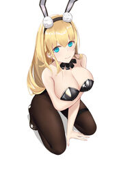  absurdres animal_ears ascot azur_lane black_ascot black_leotard black_pantyhose blonde_hair blue_eyes breasts cleavage female highres large_breasts leotard long_hair looking_at_viewer north_carolina_(azur_lane) north_carolina_(the_heart&#039;s_desire)_(azur_lane) official_alternate_costume pantyhose playboy_bunny qing-yu rabbit_ears simple_background solo strapless strapless_leotard white_background wrist_cuffs 