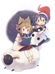  2girls ashiyu_(ashu-ashu) blue_eyes blue_hair blush book brown_hair doremy_sweet dream_world_(touhou) dress earmuffs gold_bracelet hair_between_eyes hat highres horns multiple_girls open_mouth pointy_hair pom_pom_(clothes) reading santa_hat sheep sheep_horns short_hair sitting sleeveless sleeveless_dress surprised sweatdrop tail touhou toyosatomimi_no_miko v-shaped_eyebrows 