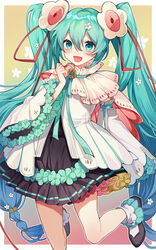  :d absurdres black_dress black_footwear blue_flower blush commentary dress female floral_background flower flower_underskirt green_eyes green_hair hair_between_eyes hair_flower hair_ornament hair_ribbon hatsune_miku highres long_hair long_sleeves looking_at_viewer magical_mirai_(vocaloid) magical_mirai_miku magical_mirai_miku_(2021) open_mouth red_ribbon ribbon shoes sidelocks smile socks solo twintails very_long_hair vocaloid white_dress white_flower white_socks wide_sleeves yunweishukuang 