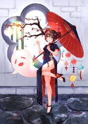  :d absurdres alternate_costume alternate_hairstyle anklet black_dress black_hair boo_tao_(genshin_impact) branch china_dress chinese_clothes chinese_commentary commentary double_bun dress female flower full_body genshin_impact ghost hair_between_eyes hair_bun hair_ornament high_heels highres holding holding_umbrella hu_tao_(genshin_impact) jewelry long_hair looking_at_viewer oil-paper_umbrella red_eyes short_sleeves side_slit sidelocks smile standing standing_on_one_leg symbol-shaped_pupils thighs umbrella you_cao_xi 