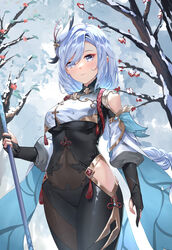  bare_tree black_bodysuit black_gloves blue_eyes bodysuit braid breast_curtain breasts chahei chinese_commentary closed_mouth clothing_cutout commentary covered_navel female genshin_impact gloves grey_hair hair_ornament highres hip_vent holding holding_polearm holding_weapon large_breasts long_hair looking_at_viewer low-braided_long_hair low-tied_long_hair outdoors partially_fingerless_gloves polearm shenhe_(genshin_impact) snow solo tree very_long_hair weapon 