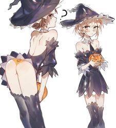  :&lt; ? ass backless_dress backless_outfit bad_id bad_twitter_id bare_shoulders bent_over black_dress black_necktie black_thighhighs blush closed_mouth commentary detached_collar detached_sleeves dress english_commentary female hair_bun halloween_costume hat highres jack-o&#039;-lantern looking_at_viewer necktie orange_panties original panties pink_eyes purple_hat simple_background single_hair_bun solo standing thighhighs tsu_(lovesick1964) two_(tsu_(lovesick1964)) underwear white_background wing_collar 