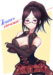  absurdres black-framed_eyewear black_gloves black_hair breast_press breasts brocade brooch character_name cleavage cleavage_cutout clothing_cutout crossed_arms daikou-chan elbow_gloves female floral_print glasses gloves high_ponytail highres indie_virtual_youtuber jewelry kson kukyuu_no_ue large_breasts long_hair mole mole_under_eye parted_bangs purple_eyes semi-rimless_eyewear shorts smile solo spiked_hair under-rim_eyewear vest virtual_youtuber yellow_background 