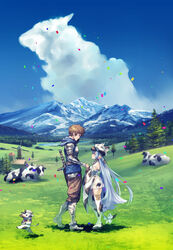  1boy blue_hair blue_sky bovine brown_hair catura_(granblue_fantasy) cloud commentary_request confetti cow_hat day draph female forest full_body gran_(granblue_fantasy) granblue_fantasy hood hoodie horns lake long_hair mountainous_horizon nature outdoors shimotsuki_eight sky standing sword tail thighhighs very_long_hair weapon wide_sleeves windmill 