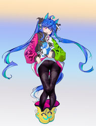  absurdres ahoge animal_ears aqua_hair black_bodysuit black_ribbon blue_eyes blue_hair blush bodysuit boots chinese_commentary clothes_writing coat coat_lift commentary_request drawstring female frown full_body hair_ribbon head_tilt hermityy heterochromia highres horse_girl horse_tail lifting_own_clothes long_hair long_sleeves looking_at_viewer multicolored_background multicolored_coat multicolored_hair oerba_yun_fang open_mouth pantyhose purple_eyes ribbon sidelocks solo standing stuffed_animal stuffed_rabbit stuffed_toy tail textless_version thigh_gap twin_turbo_(umamusume) twintails two-tone_hair umamusume very_long_hair white_ribbon yellow_footwear 