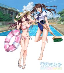  2girls barefoot bikini blue_eyes blue_neckerchief blue_one-piece_swimsuit blue_sailor_collar breasts broom brown_hair building chain-link_fence commentary_request competition_school_swimsuit covered_navel feet fence front-tie_bikini_top front-tie_top hat highleg highleg_swimsuit highres innertube legs long_hair multiple_girls neckerchief one-piece_swimsuit open_mouth original pink_bikini pool red_eyes sailor_collar sailor_shirt sandals school_swimsuit school_uniform serafuku serasuku shirt side-tie_bikini_bottom soranokakera01 strappy_heels straw_hat striped_bikini striped_clothes sun_hat swim_ring swimsuit swimsuit_under_clothes toenails toes twintails white_shirt 