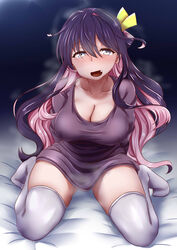  alternate_costume black_hair blush breasts cleavage covered_nipples dress_shirt female grey_eyes hair_ribbon highres kantai_collection kashiwamochi_(kashiwakashiwa) large_breasts long_hair looking_at_viewer multicolored_hair naganami_(kancolle) oerba_yun_fang open_mouth pink_hair purple_shirt ribbon school_uniform shirt sitting smile solo thighhighs two-tone_hair wavy_hair white_thighhighs yellow_eyes 