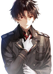  1boy 86_-eightysix- adjusting_clothes adjusting_necktie black_jacket black_shirt brown_hair collared_shirt commentary gloves hair_behind_ear holding jacket male_focus military military_uniform necktie red_eyes red_necktie scar scar_on_neck shinei_nouzen shirabi shirt simple_background solo uniform upper_body white_background white_gloves 