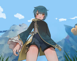  1boy black_jacket blue_hair blush chinese_clothes cloud cloudy_sky day earrings frilled_sleeves frills genshin_impact grass highres jacket jewelry long_sleeves looking_at_viewer male_focus mountain open_mouth otoko_no_ko outdoors short_hair shorts single_earring sky smile solo tassel tassel_earrings thighs xiang_kong xingqiu_(genshin_impact) yellow_eyes 