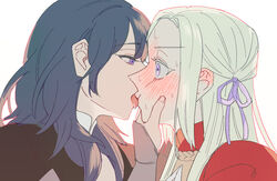  2girls bad_id bad_twitter_id bang_gu9 blonde_hair blue_hair blush byleth_(female)_(fire_emblem) byleth_(fire_emblem) cheek_squash commentary_request ear_blush edelgard_von_hresvelg fire_emblem fire_emblem:_three_houses korean_commentary licking_lips multiple_girls purple_eyes simple_background sweat tongue tongue_out white_background yuri 