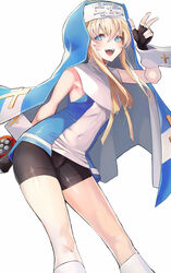  1boy bike_shorts black_gloves blonde_hair blue_headwear blush bridget bulge commentary_request covered_navel cross fingerless_gloves gloves guilty_gear guilty_gear_xx habit hair_between_eyes highres holding long_hair male_focus mars_symbol nun open_mouth otoko_no_ko shorts sleeveless solo taishi_(picchiridou) w wrist_cuffs yo-yo 