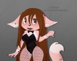  anthro big_breasts black_clothing black_nose black_suit blush breasts brown_hair canid canine canis clothing digital_drawing_(artwork) digital_media_(artwork) english_text female fur hair hi_res htfoc j.fbelen jfbelen long_hair mammal piercing pink_body pink_fur pinup pose pubes red_clothing seductive shy solo suit text tight_clothing wolf 