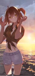  ahoge akira_(akira_arika_d) backlighting bad_id bad_pixiv_id beach breasts closed_mouth fate/grand_order fate_(series) female fujimaru_ritsuka_(female) fujimaru_ritsuka_(female)_(tropical_summer) hair_ornament hair_scrunchie hawaiian_shirt highres looking_at_viewer medium_breasts navel ocean official_alternate_costume one_side_up orange_eyes orange_hair orange_sky outdoors scrunchie shirt shorts sky smile solo sunset thighs tied_shirt wading white_shorts 