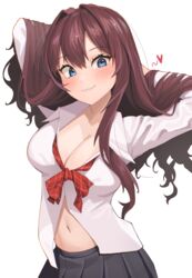  :3 absurdres arms_behind_head arms_up bad_id bad_pixiv_id blue_eyes blush bow bowtie breasts brown_hair cleavage closed_mouth collared_shirt commentary cowboy_shot female grey_skirt hair_between_eyes hair_lift head_tilt heart highres ichinose_shiki idolmaster idolmaster_cinderella_girls large_breasts long_hair long_sleeves looking_at_viewer loose_bowtie navel neil_(neil_nim) partially_unbuttoned plaid plaid_bow plaid_bowtie pleated_skirt red_bow red_bowtie school_uniform see-through_silhouette shirt sidelocks simple_background skirt smile solo standing stomach wavy_hair white_background white_shirt 