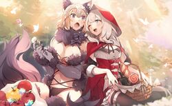  2girls ;d animal_ears apple blonde_hair blue_eyes breasts bug butterfly capelet cleavage cosplay elbow_gloves fate/apocrypha fate/grand_order fate_(series) flower food fruit fur-trimmed_gloves fur-trimmed_legwear fur_collar fur_trim gloves golden_apple grimm&#039;s_fairy_tales halloween halloween_costume headpiece hood hooded_capelet jeanne_d&#039;arc_(fate) jeanne_d&#039;arc_(ruler)_(fate) lace lace-trimmed_legwear lace_trim large_breasts little_red_riding_hood little_red_riding_hood_(grimm) little_red_riding_hood_(grimm)_(cosplay) long_hair marie_antoinette_(fate) marie_antoinette_(festival_outfit)_(fate) mash_kyrielight mash_kyrielight_(dangerous_beast) mash_kyrielight_(dangerous_beast)_(cosplay) multiple_girls nature navel no-kan o-ring o-ring_top one_eye_closed open_mouth outdoors picnic_basket purple_gloves purple_tail red_capelet red_headwear red_hood revealing_clothes saint_quartz_(fate) smile tail thighhighs very_long_hair white_hair wolf_ears wolf_girl wolf_tail 