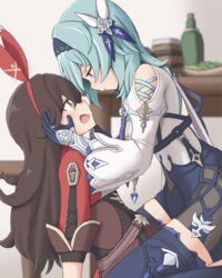  2girls amber_(genshin_impact) assertive_female beer_mug blue_hair blush brown_hair cowgirl_position cup dadamori drunk eula_(genshin_impact) eye_contact face-to-face genshin_impact gloves hairband half-closed_eyes hand_on_another&#039;s_cheek hand_on_another&#039;s_face highres long_sleeves looking_at_another mug multiple_girls open_mouth sitting sitting_on_lap sitting_on_person surprised sweatdrop table yellow_eyes yuri 