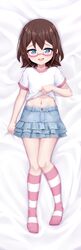  :d absurdres bed_sheet blue_eyes blue_skirt brown_hair chrisandita clothes_lift commentary commission dakimakura_(medium) denim denim_skirt english_commentary female full_body glasses highres kneehighs layered_skirt lifting_own_clothes looking_at_viewer lying navel no_shoes on_back original pink-framed_eyewear pixiv_commission pleated_skirt semi-rimless_eyewear shirt shirt_lift short_sleeves skirt smile socks solo striped_clothes striped_socks under-rim_eyewear white_shirt 