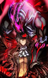  1boy antonio_salieri_(fate) antonio_salieri_(festival_outfit)_(fate) antonio_salieri_(third_ascension)_(fate) aristocratic_clothes ascot black_suit claws corruption dark_persona energy fangs fate/grand_order fate_(series) formal grey_hair highres long_sleeves looking_at_viewer lying male_focus monster nonono_nagata official_alternate_costume on_back pinstripe_pattern pinstripe_suit red_eyes shirt short_hair striped_clothes striped_shirt suit 