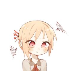  :t ascot bad_id bad_twitter_id blonde_hair blush chibi closed_mouth collared_shirt commentary dot_nose female grey_shirt hair_bun hair_ornament hair_stick looking_down original pink_eyes pout red_ascot shirt simple_background single_hair_bun solo squiggle symbol-only_commentary tsu_(lovesick1964) two_(tsu_(lovesick1964)) upper_body white_background wing_collar 