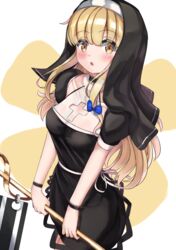  black_dress blonde_hair blush breasts brown_eyes cleavage cleavage_cutout clothing_cutout commentary_request cross_cutout dress female habit highres holding long_hair looking_at_viewer medium_breasts nun original parted_lips solo standing takapii veil very_long_hair white_background 