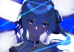  asymmetrical_hair beret black_choker blue_eyes blue_hair choker commentary_request female hair_between_eyes hair_ribbon hat highres hololive hoshimachi_suisei hoshimachi_suisei_(1st_costume) looking_at_viewer medium_hair ribbon saco_(cgmore) side_ponytail solo star_(symbol) star_choker star_in_eye symbol_in_eye virtual_youtuber 