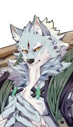  2021 beard canid canine canis clothed clothing facial_hair fur grey_body grey_fur humanoid_hands law_(sdorica) male mammal multicolored_body multicolored_fur pawpads relax_lion sdorica simple_background solo two_tone_body two_tone_fur white_background white_body white_fur wolf wood yellow_eyes 