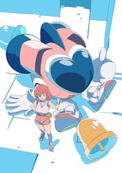  :d ;d bell blue_eyes edoya_inuhachi english_commentary female full_body gloves hand_on_own_hip highres looking_at_viewer one_eye_closed open_mouth pastel_(twinbee) pink_hair red_hair retro_artstyle robot shoes short_hair short_sleeves smile sneakers thumbs_up twinbee winbee 