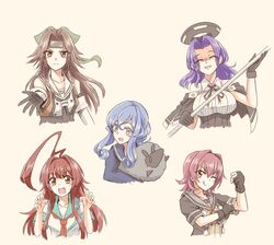  5girls :q ahoge animal black_gloves blue_hair bow breasts brown_hair capelet claw_pose clenched_hand closed_eyes cropped_torso elbow_gloves gloves gotland_(kancolle) hair_between_eyes hair_bun hairbow halo headband holding holding_animal holding_weapon huge_ahoge jintsuu_(kancolle) jintsuu_kai_ni_(kancolle) kantai_collection kinu_(kancolle) kinu_kai_ni_(kancolle) kuma_(kancolle) kuma_kai_ni_(kancolle) large_breasts long_hair long_sleeves mechanical_halo mole mole_under_eye multiple_girls oerba_yun_fang one_eye_closed open_mouth partially_fingerless_gloves polearm purple_hair red_hair sailor_collar school_uniform serafuku shaded_face sheep short_hair short_sleeves sidelocks simple_background single_hair_bun sleeveless smile suke_(share_koube) tatsuta_(kancolle) tatsuta_kai_ni_(kancolle) tongue tongue_out upper_body weapon yellow_background 