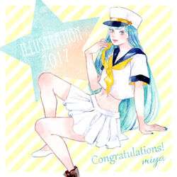  2017 asymmetrical_footwear bangs black_footwear blue_hair congratulations female foot_out_of_frame holding_neckwear illustration.media long_hair midriff miya_(akatabi_dante) navel neckerchief original pleated_skirt shirt short_sleeves signature skirt solo star_(symbol) striped striped_background white_footwear white_headwear white_shirt white_skirt yellow_neckwear 