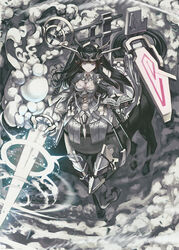  armor bad_id bad_pixiv_id black_hair book breasts centaur cleavage closed_mouth clothing_cutout commentary cross-laced_clothes fantasy female from_above glowing glowing_weapon grey_eyes hair_intakes highres holding holding_book holding_polearm holding_weapon lance leg_armor long_hair long_sleeves monster_girl navel neck_ribbon open_book original pointy_ears polearm ribbon smoke solo stomach_cutout taur tefec weapon wide_sleeves 