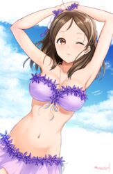  armpits arms_up artist_name ayase_honoka bikini blush breasts brown_eyes brown_hair cleavage cloud cloudy_sky collarbone day dot_nose female flower front-tie_bikini_top front-tie_top hair_flower hair_ornament highres idolmaster idolmaster_cinderella_girls idolmaster_cinderella_girls_starlight_stage kisuna long_hair looking_at_viewer medium_breasts navel parted_lips purple_bikini sky solo sweat swimsuit 