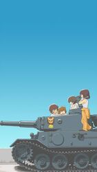  4girls black_footwear blue_sky bob_cut brown_hair clear_sky closed_eyes closed_mouth clothes_around_waist commentary_request dark_skin day elbow_rest freckles girls_und_panzer gloves hand_on_another&#039;s_head heel_up highres holding holding_wrench hoshino_(girls_und_panzer) jumpsuit korosuke_xp leopon_(animal) long_sleeves mechanic military military_vehicle motor_vehicle multiple_girls nakajima_(girls_und_panzer) open_mouth orange_jumpsuit outdoors shirt shoes short_hair short_sleeves sky standing suzuki_(girls_und_panzer) t-shirt tank tank_top tiger_(p) tsuchiya_(girls_und_panzer) uniform white_gloves white_shirt wrench 