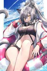  animal_ear_fluff animal_ears arknights bare_legs black_scarf black_shorts blue_sky breasts cat_ears cat_tail cleavage cloud commentary contrail coyucom crop_top day feet_out_of_frame female grey_hair hair_over_one_eye hand_up highres innertube jacket long_hair looking_at_viewer medium_breasts midriff open_clothes open_jacket outdoors ponytail scarf schwarz_(arknights) short_shorts shorts sky solo stomach swim_ring tail thighs water white_jacket yellow_eyes 