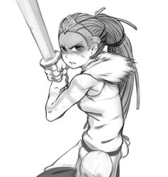  bags_under_eyes blood blood_from_mouth bodypaint celtic facepaint female fighting_stance forehead forehead_protector fur_collar greyscale hair_pulled_back hellblade highres holding holding_sword holding_weapon kelvin_hiu long_hair monochrome ponytail senua sleeveless solo sword weapon 