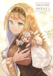  2girls alicia_(valkyrie_profile_2) andante_x bangs blonde_hair chibi green_eyes headband helmet highres long_hair multiple_girls silmeria_valkyrie smile straight_hair valkyrie valkyrie_profile valkyrie_profile_2 winged_helmet 