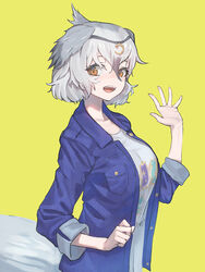  bird_girl bird_tail bird_wings black_hair casual denim denim_jacket don3 female greater_rhea_(kemono_friends) grey_hair grey_shirt hair_between_eyes head_chain head_wings jacket jewelry kemono_friends kemono_friends_3 long_sleeves looking_at_viewer multicolored_hair official_alternate_costume orange_eyes shirt short_hair sleeves_rolled_up solo tail two-tone_hair upper_body waving wings 