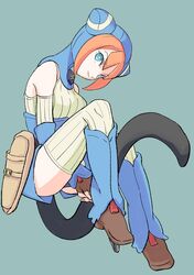  absurdres animal_ears animal_hood blue_eyes breasts breath_of_fire breath_of_fire_v cat_ears cat_hood closed_mouth damegamega female fingerless_gloves full_body gloves highres hood lin_(breath_of_fire) looking_at_viewer orange_hair short_hair simple_background smile solo tail thighhighs 