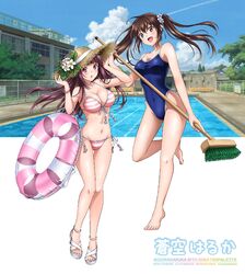  2girls barefoot bikini blue_eyes blue_one-piece_swimsuit breasts broom brown_hair building chain-link_fence commentary_request competition_school_swimsuit covered_navel feet fence front-tie_bikini_top front-tie_top hat highleg highleg_swimsuit highres innertube legs long_hair multiple_girls one-piece_swimsuit open_mouth original pink_bikini pool red_eyes sandals school_swimsuit side-tie_bikini_bottom soranokakera01 strappy_heels straw_hat striped_bikini striped_clothes sun_hat swim_ring swimsuit toenails toes twintails 