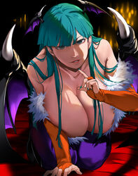  animal_print bakkanki bare_shoulders bat_print blunt_bangs breasts bridal_gauntlets cleavage demon_girl female fur-trimmed_leotard fur_trim green_eyes green_hair green_nails head_wings highres huge_breasts kneeling leotard long_hair low_wings morrigan_aensland pantyhose parted_lips print_pantyhose purple_pantyhose purple_wings solo vampire_(game) wings 