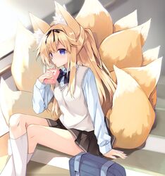  animal_ears bag black_bow black_skirt blonde_hair blue_eyes blue_shirt blurry blurry_background bow breasts collared_shirt commentary_request commission depth_of_field dress_shirt drinking drinking_straw feet_out_of_frame female fox_ears fox_girl fox_tail highres holding indoors kitsune kneehighs knees_up kyuubi long_hair long_sleeves multiple_tails original pleated_skirt purinpurin school_bag school_uniform shirt sitting sitting_on_stairs skeb_commission skirt sleeves_past_wrists small_breasts socks solo stairs sweater_vest tail twitter_username very_long_hair white_socks 