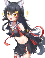  absurdres animal_ear_fluff animal_ears arms_behind_back bare_shoulders black_hair black_skirt blush choker commentary_request crop_top detached_sleeves double-parted_bangs female hair_ornament highres hololive looking_at_viewer midriff mint_(psmin30) multicolored_hair navel necktie oerba_yun_fang ookami_mio ookami_mio_(1st_costume) open_mouth orange_eyes pleated_skirt red_hair red_necktie red_ribbon ribbon sailor_collar skirt sleeves_past_wrists smile solo sparkle stomach streaked_hair tail thighhighs virtual_youtuber white_background white_thighhighs wolf_ears wolf_girl wolf_tail zettai_ryouiki 