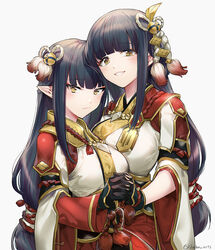  2girls black_gloves black_hair blunt_bangs blush breasts closed_mouth commentary cowboy_shot eyeshadow gloves gold_trim grey_background hair_ornament hinoa holding_hands interlocked_fingers japanese_clothes large_breasts long_hair looking_at_viewer makeup medium_breasts minoto monster_hunter_(series) monster_hunter_rise multiple_girls parted_lips phino pointy_ears red_eyeshadow siblings sidelocks simple_background sisters smile straight_hair tassel tsurime twins twitter_username wide_sleeves yellow_eyes 