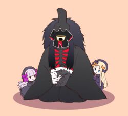  1other 2girls abigail_williams_(fate) akimitsu-dono animal_on_lap animalization ashiya_douman_(fate) bad_id bad_twitter_id black_dress black_fur black_headwear black_robe blonde_hair bow cat_on_lap chibi dress fate/grand_order fate_(series) feline hairbow long_hair monster morumoru_(kuromrmr) multiple_girls multiple_hair_bows nursery_rhyme_(fate) on_lap onmyouji pink_background robe shikigami skeleton sleeping two-tone_fur white_fur 