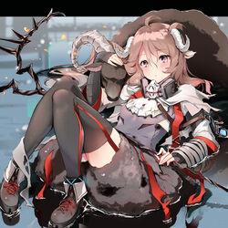  absurdres ahoge animal_ears arknights black_thighhighs blurry blurry_background blush breasts brown_hair curled_horns dress eyjafjalla_(arknights) female goggles grey_dress highres holding holding_staff horns long_hair looking_at_viewer mask mask_around_neck nano_(nanojyaa) ram_(animal) red_eyes respirator sheep_ears sheep_horns shoelaces shoes small_breasts solo staff thighhighs water white_horns wool 