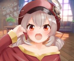  3d_background :d ahoge alternate_costume bare_shoulders blurry cabbie_hat clover_print collarbone commentary cosplay depth_of_field dress female genshin_impact grey_hair hair_between_eyes hat hat_feather hat_ornament highres holding_eyepatch klee_(genshin_impact) kono_subarashii_sekai_ni_shukufuku_wo! long_hair long_sleeves looking_at_viewer low_twintails megumin megumin_(cosplay) orange_eyes pan_(pixiv41343614) red_dress red_hat sidelocks smile solo trait_connection translated twintails 