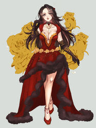  bad_neck black_gloves breasts brown_hair cleavage dress dress_flower elbow_gloves female floral_background flower full_body gloves hair_flower hair_ornament hand_up highres idolmaster idolmaster_cinderella_girls jewelry lipstick long_hair looking_at_viewer makeup medium_breasts necklace purple_eyes red_dress red_footwear shinogugu solo standing takahashi_reiko 