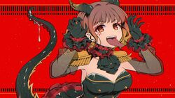  black_gloves claw_pose colored_tips epaulettes eyeshadow female frilled_gloves frilled_skirt frills gloves highres hinagisa_yaya horns lizard_tail makeup multicolored_hair red_background red_eyes red_eyeshadow red_hair salamander_(vocaloid) skirt solo tail tongue tongue_out upper_body 