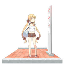  bag bare_arms bare_shoulders bell blonde_hair blush breasts brown_choker brown_footwear brown_shorts bubble_tea camisole chinese_commentary choker commentary_request cup disposable_cup drinking_straw duffel_bag female hair_between_eyes hair_bobbles hair_ornament hatsunatsu holding holding_cup holding_strap long_hair looking_away looking_to_the_side medium_breasts midriff navel neck_bell red_eyes sandals short_shorts shorts solo standing twintails very_long_hair white_background white_camisole xiaoyuan_(you_can_eat_the_girl) you_can_eat_the_girl 